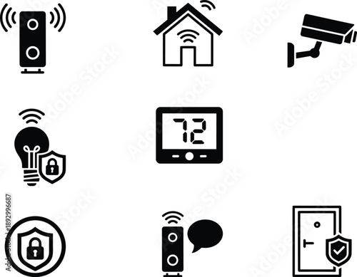 Smart home security icon set featuring wifi doorbell, connected house, CCTV camera, thermostat, voice assistant, shield protection vector illustration collection