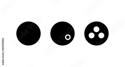 Three black circles with varying internal elements on a white background