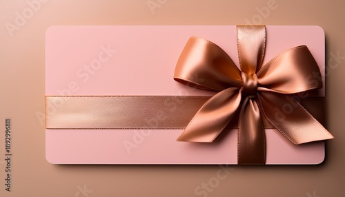 Blank Pink Gift Card With A Shiny Bronze Ribbon And Bow On A Light Beige Background For Special Occasions