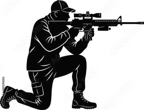 Tactical shooter silhouette illustration of armed man kneeling with assault rifle in black vector style for military, security, and combat design