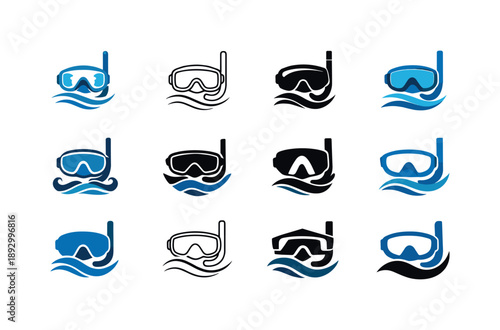 Snorkeling Mask Icons. Snorkeling mask. Icon set. Set Logo of snorkeling mask: mask with water wave element. harmonious logo variations of the same emblematic