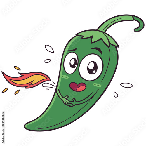 Spicy Chili Cartoon Illustration – Cute Green Pepper Character with Fire and Expression .