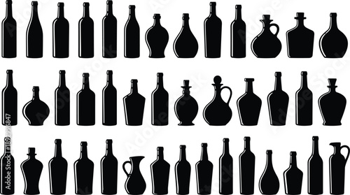 Vintage bottle silhouette mega collection featuring wine, liquor, oil, and decorative glass containers in black vector style for packaging design