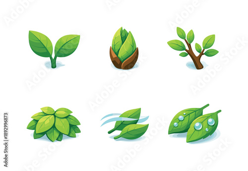 First Leaves Icons. First leaves. Isometric flat vector icons set of first leaves: young green leaves, unfolding leaf bud, branch with shoots, fresh light