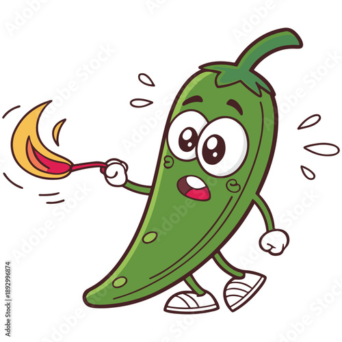 Spicy Chili Cartoon Illustration – Cute Green Pepper Character with Fire and Expression .