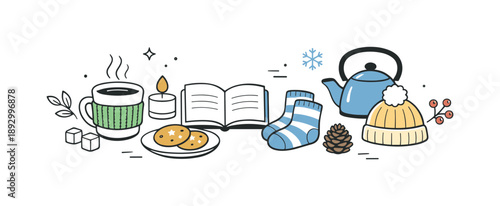 Winter Essentials Display. Cold season essentials. Winter tabletop props displayed simply, highlighting everyday comfort and gentle seasonal details.