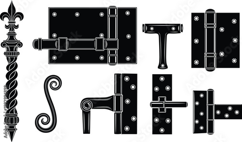 Vintage door hardware and hinge collection with ornate latch, decorative handle, classic iron fittings, antique architectural metalwork vector illustration set