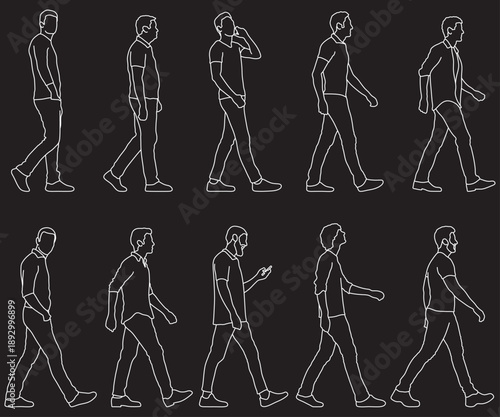 walking men set, side view, people, human, male, customizable stroke, vector