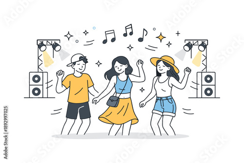 Festival Dance Vibes. Friends at music festival dancing. Friends gently dancing to the rhythm with simple stage lights and abstract music notes floating