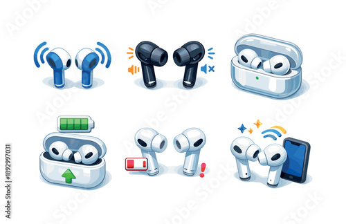 Wireless Earbuds Icons Grid. Wireless audio. Isometric flat vector icons set of wireless audio: earbuds with signal waves, noise-canceling earbuds, transparent