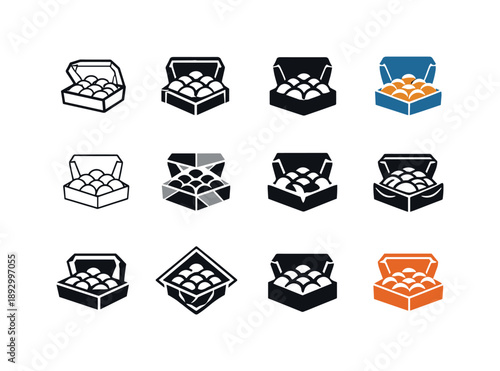 Pastry Logo Icons. Bite-sized pastries. Icon set. Set Logo of bite-sized pastries: assorted pastry box. harmonious logo variations of the same emblematic