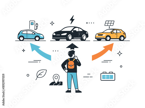 Future Mobility Choice. Future mobility concept. Person choosing an electric car from simple options, confidence and forward-looking mindset. Calm symbolic