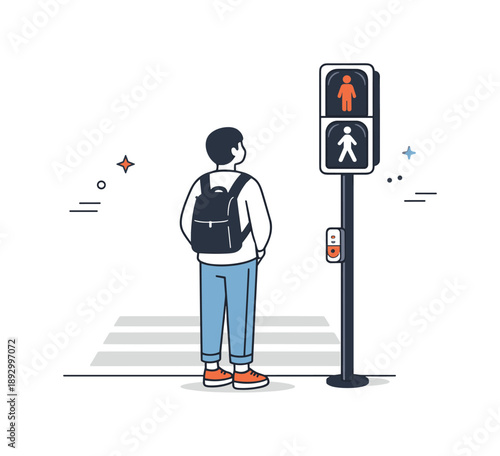Patient Pedestrian Waits. Pedestrian waiting at crosswalk. A person standing near the crosswalk, looking at the stoplight signal. The mood feels patient,