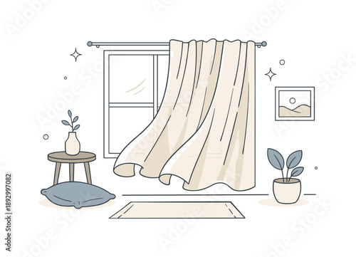 Minimalist Linen Interior. Linen fabric textures. A minimalist interior with linen curtains flowing softly by a window, expressing natural light, movement, and