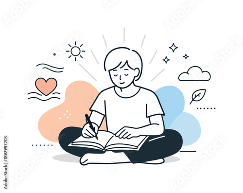 Calm Journaling Serenity. Therapeutic journaling. A person sketching or writing in a journal with soft abstract shapes and light rays around. Calm