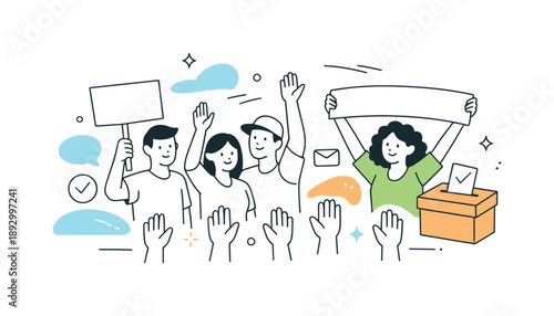 Civic Engagement Unity. Civic engagement. People raising hands and banners, symbolizing participation and collective decision-making. Calm and optimistic scene