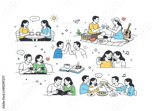 Cheerful Connection Vibes. People spending time lifestyle concept. An abstract editorial composition combining multiple scenes of people interacting, chatting,