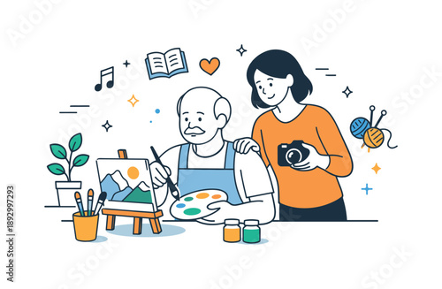 Retirement Hobby Exploration. Supporting lifestyle change after retirement. A retired person explores hobbies while a loved one encourages and helps, showing