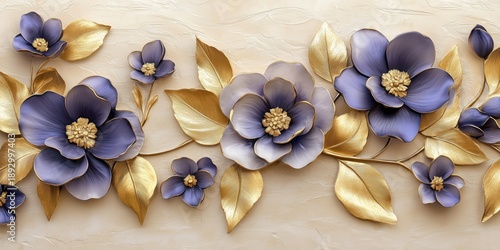 ornate 3d relief floral wallpaper design featuring sculptural purple anemone flowers and golden leaves on beige stucco plaster background for creative interior decoration and wedding invitation