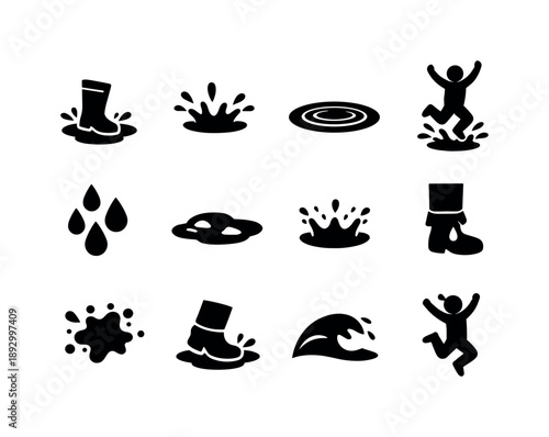 Puddle Play Icons. Splashing in puddles. Solid icon set of splashing in puddles: rain boot, water splash, puddle ripple, jumping figure, raindrop cluster, wet