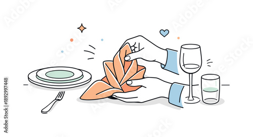 Elegant Napkin Folding. Folding napkins for table setting. A person carefully folds a cloth napkin into a simple elegant shape on a dining table.