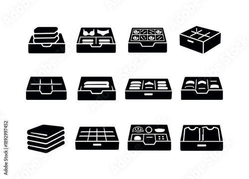 Closet Drawer Icons. Closet drawer storage. Solid icon set of Closet drawer storage: folded clothes, underwear organizer, sock compartments, fabric divider,
