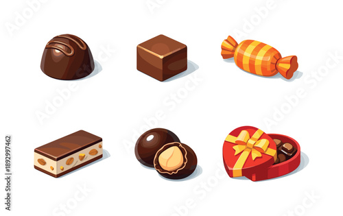 Colorful Confectionery Icons. Confectionery. Isometric flat vector icons set of confectionery: praline chocolate, fudge cube, caramel candy, nougat bar,