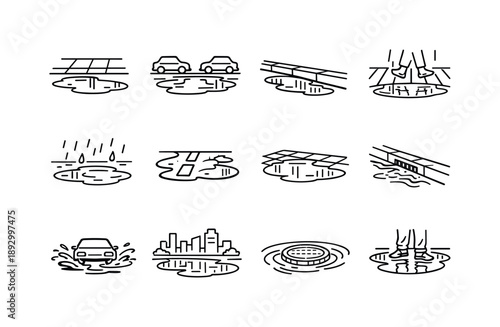 Urban Puddle Icons. Urban Puddles. Line icon set of Urban Puddles: sidewalk puddle, street puddle, curb water, crosswalk reflection, city rain ground, asphalt