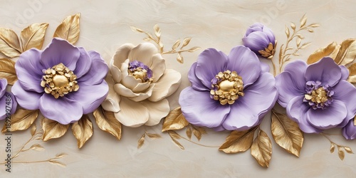ornate 3d relief floral wallpaper design featuring sculptural purple anemone flowers and golden leaves on beige stucco plaster background for creative interior decoration and wedding invitation
