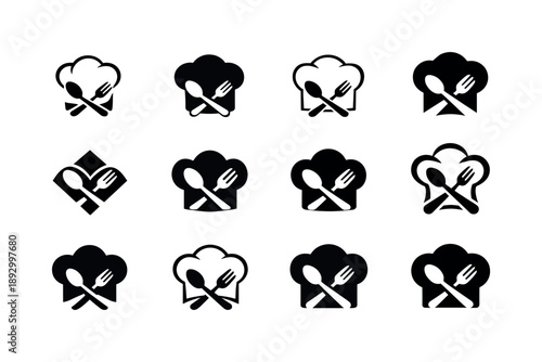 Festive Meal Icon Set. Preparing a festive meal. Icon set. Set Logo of Preparing a festive meal: chef hat with spoon and fork. harmonious logo variations of