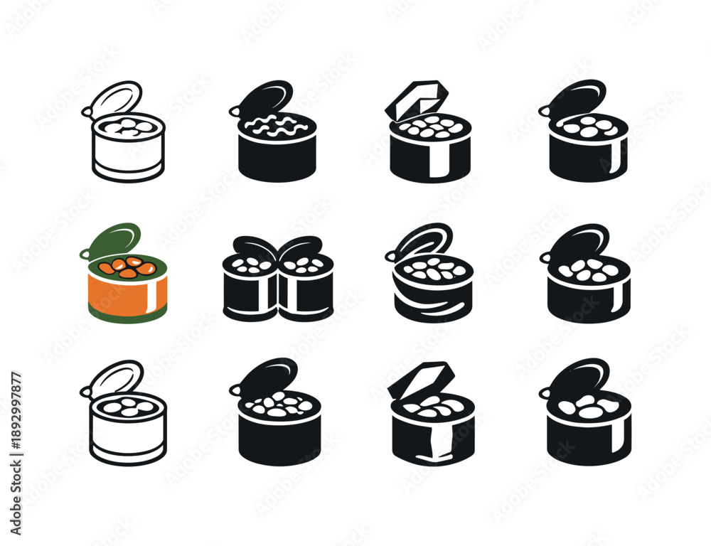 Fototapeta premium Cooked Beans Icons. cooked beans. Icon set. Set Logo of cooked beans: bean can. harmonious logo variations of the same emblematic concept, each with different