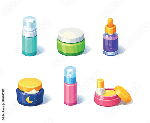Cosmetic Care Icons. Cosmetic care. Isometric flat vector icons set of cosmetic care: foaming cleanser bottle, daily moisturizer jar, peptide serum bottle,