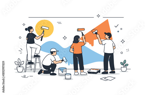Collaborative Mural Painting. People painting mural together. A small group painting a large wall with simple shapes and colors. Calm creative collaboration