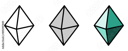 Basic Geometric Diamond Crystal Gem Icon Set in 3D Style Perspective View. Vector Image.