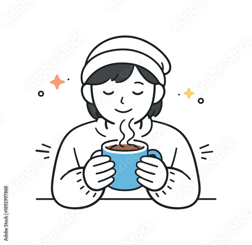 Cozy Hot Chocolate Moment. Drinking hot chocolate. Person holding a warm mug with gentle steam rising. Cozy comfort and quiet enjoyment in a calm moment.