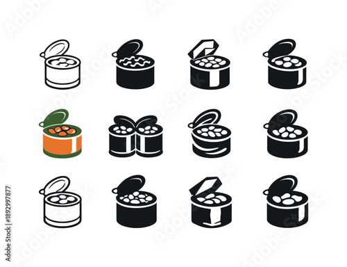 Cooked Beans Icons. cooked beans. Icon set. Set Logo of cooked beans: bean can. harmonious logo variations of the same emblematic concept, each with different