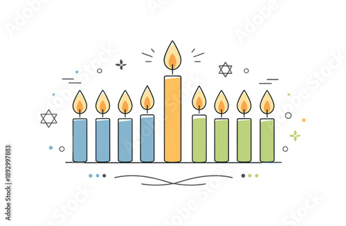 Serene Hanukkah Candles. Abstract Hanukkah candle concept. Simplified candle shapes and gentle flames forming a symbolic festive composition. The mood feels