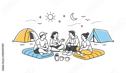 Outdoor Bonding. Weekend camping trip. A group sitting on sleeping bags near tents, chatting under the open sky. Feeling of freedom, rest, and friendly bonding