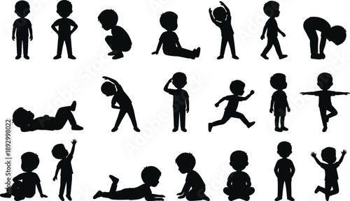 Black silhouette collection of children poses showing sitting, crawling, walking, running, and playful movements in clean minimalist vector style