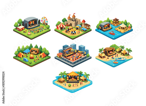 Festival Icons Grid. Festival destinations. Isometric flat vector icons set of festival destinations: open-air concert park, medieval fair town, lakeside