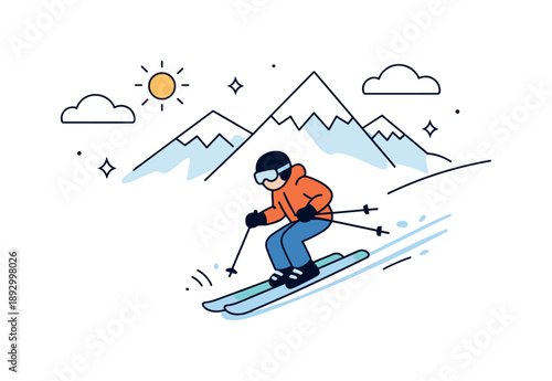 Minimalist Ski Adventure. Winter Travel and Ski Resort Graphics. Simple skier figure gliding down a slope with mountains and clouds behind. Light dynamic scene