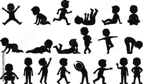 Black silhouette set of children poses showing crawling, running, sitting, walking, and playful movements in clean minimalist vector style