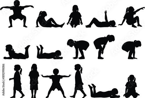 Black silhouette set of children sitting, crawling, standing, and playing poses showing natural child movement in minimalist vector style