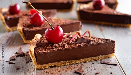 Decadent Chocolate Tart Slices Featuring A Rich Cocoa Crust And Smooth Chocolate Filling Topped With Glistening Red Cherries And Chocolate Shavings Offering A Luxurious Sweet Indulgence