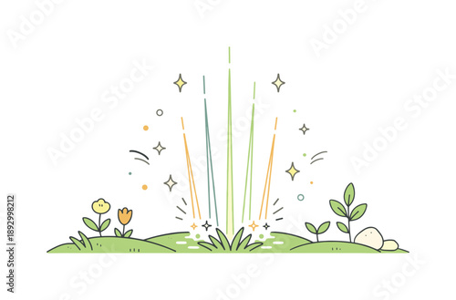 Spring Renewal. Spring energy rising concept. A simple landscape with grass, plants, and light rays moving upward from the ground. The scene communicates