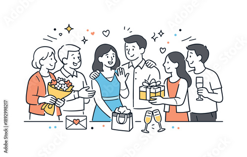 Joyful Engagement Celebration. Engagement party celebration. Small group gathered around the engaged couple, exchanging congratulations and gifts. Clean