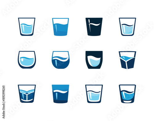 Minimal Water Glass Icons. Clear water in a glass. Icon set. Set Logo of Clear water in a glass: minimal water glass icon. harmonious logo variations of the