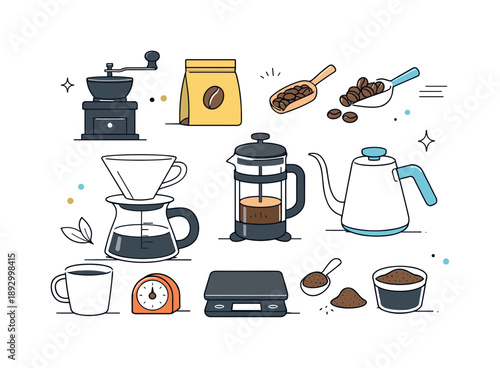 Minimalist Coffee Collection. Coffee preparation tools collection. Everyday brewing items displayed in an orderly flat lay, focusing on simplicity, balance,