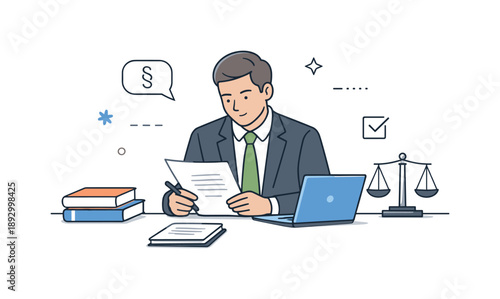 Legal Advisor Focused. Corporate legal advisors at work ? focused analysis. Single advisor working quietly at a desk, reviewing legal text with concentration.