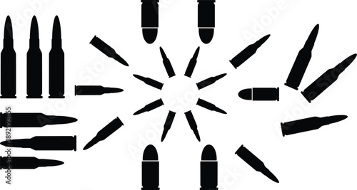 Ammunition silhouette set featuring rifle and pistol cartridges arranged in circular composition, black vector style for military, shooting, hunting, and defense design